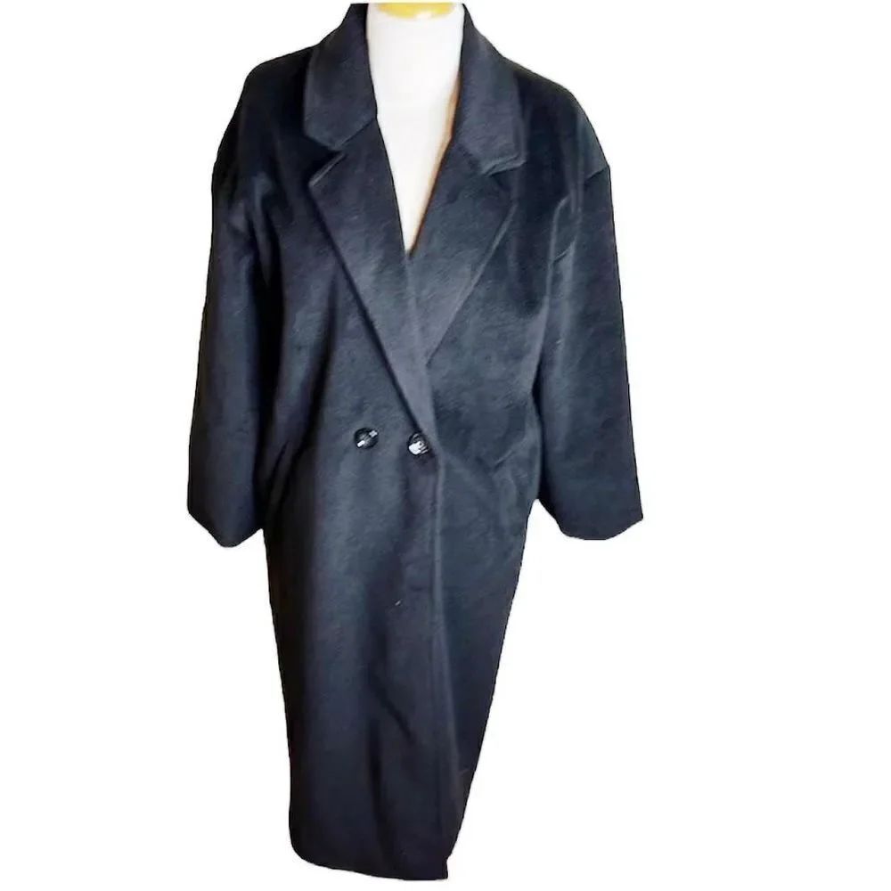 Chartou Womens Double Breasted Wool Blend Long Trench Coat Black Size Medium NWT